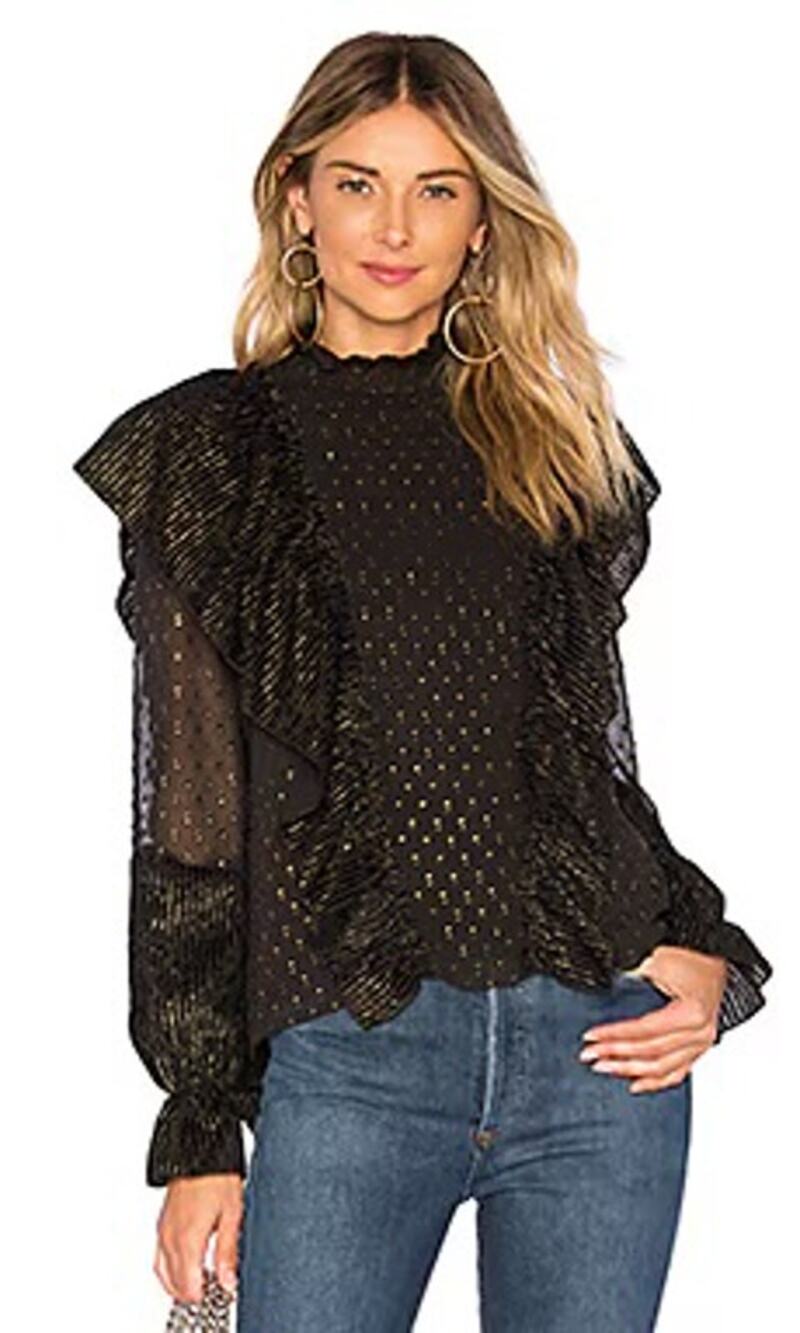 Rachel Zoe Sienna Black Gold Ruffle Long Sleeve Blouse 4 Small NWT Whimsygoth